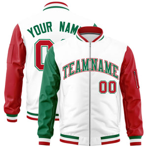 Custom White Kelly Green Red Varsity Full-Zip Raglan Sleeves Letterman Bomber Jacket