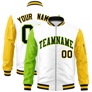 Custom White Neon Green Gold Varsity Full-Zip Raglan Sleeves Letterman Bomber Jacket