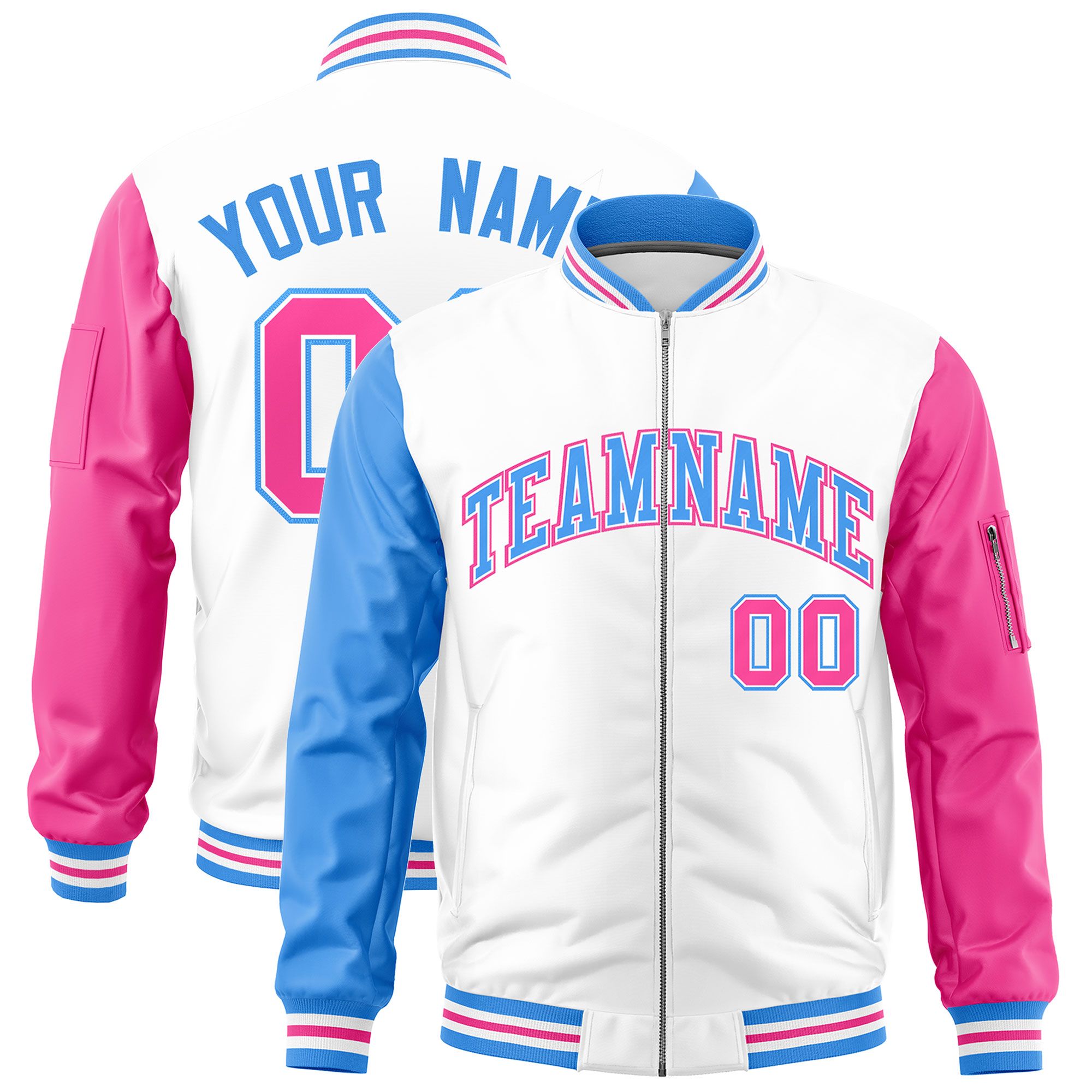 Custom White Powder Blue Pink Varsity Full-Zip Raglan Sleeves Letterman Bomber Jacket