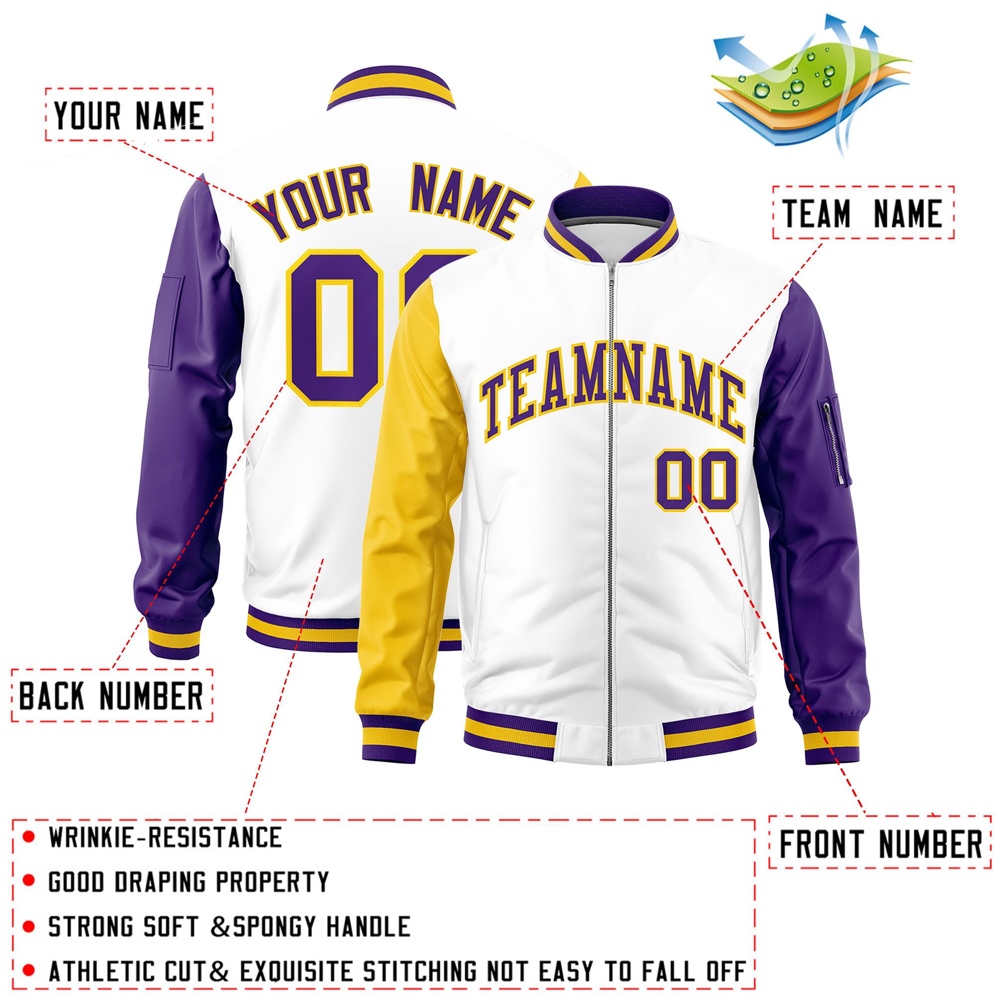 Custom White Gold Purple Varsity Full-Zip Raglan Sleeves Letterman Bomber Jacket