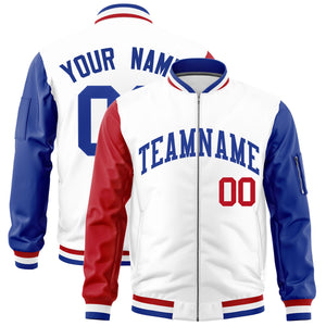 Custom White Red Royal Varsity Full-Zip Raglan Sleeves Letterman Bomber Jacket