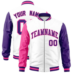 Custom White Pink Purple Varsity Full-Zip Raglan Sleeves Letterman Bomber Jacket