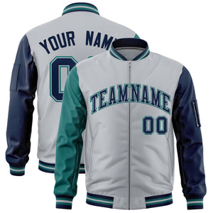 Custom Silver Aqua Navy Varsity Full-Zip Raglan Sleeves Letterman Bomber Jacket