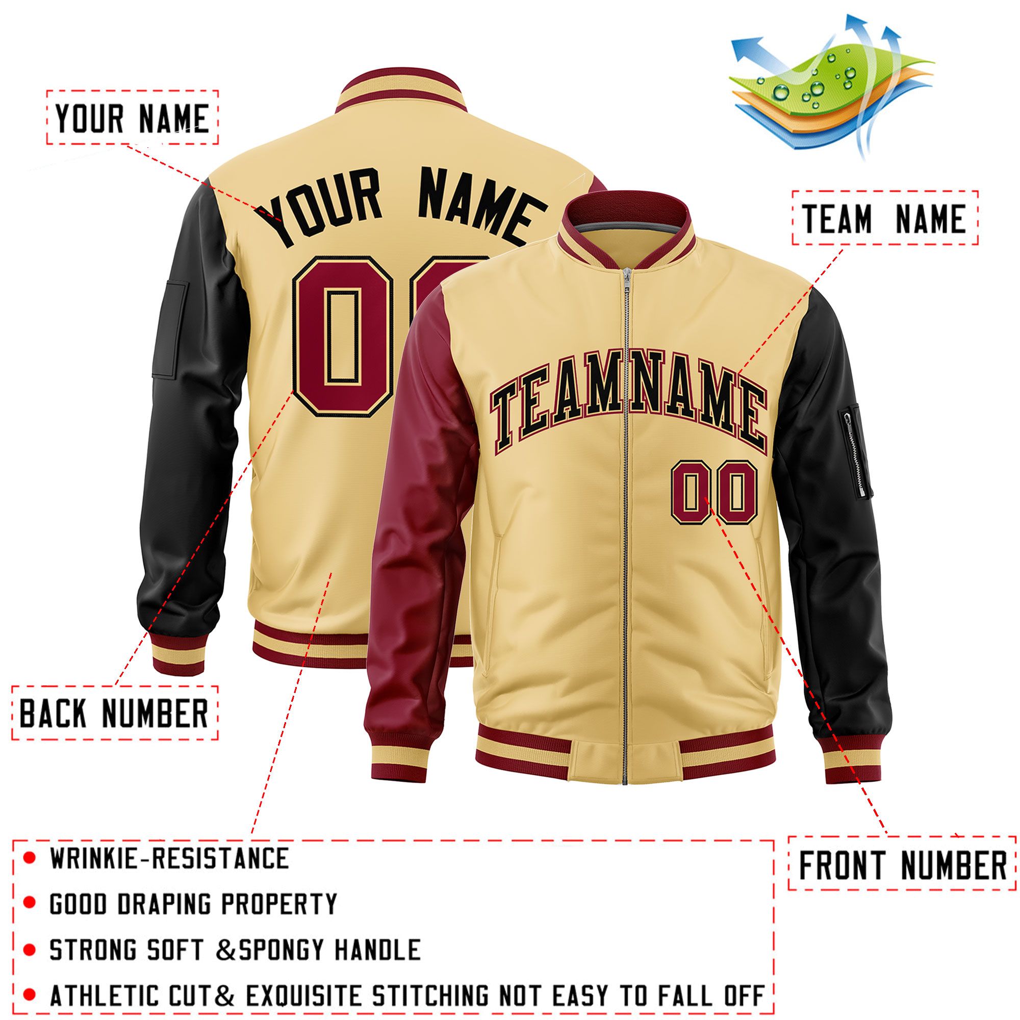 Custom Khaki Crimson Black Varsity Full-Zip Raglan Sleeves Letterman Bomber Jacket