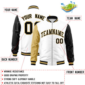 Custom White Old Gold Black Varsity Full-Zip Raglan Sleeves Letterman Bomber Jacket