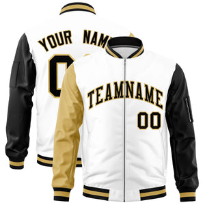 Custom White Old Gold Black Varsity Full-Zip Raglan Sleeves Letterman Bomber Jacket