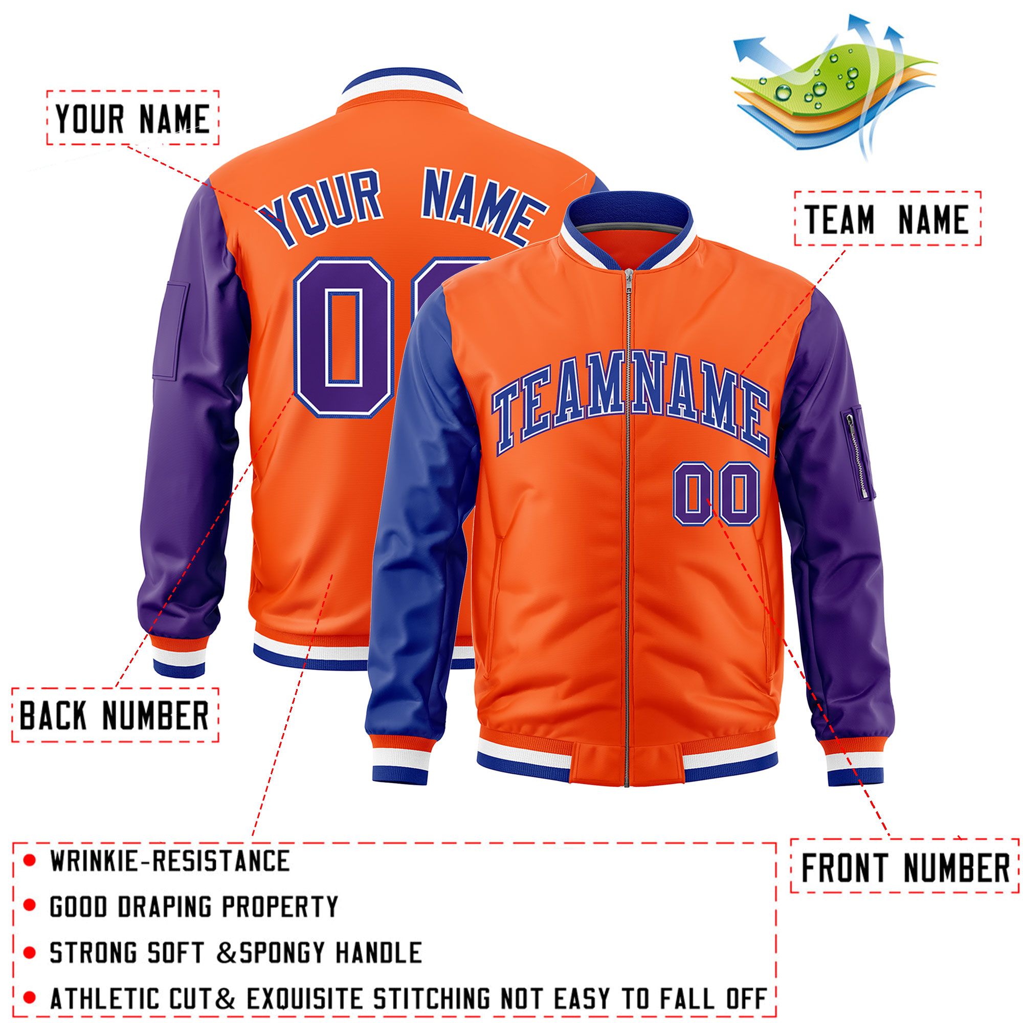 Custom Orange Royal Purple Varsity Full-Zip Raglan Sleeves Letterman Bomber Jacket