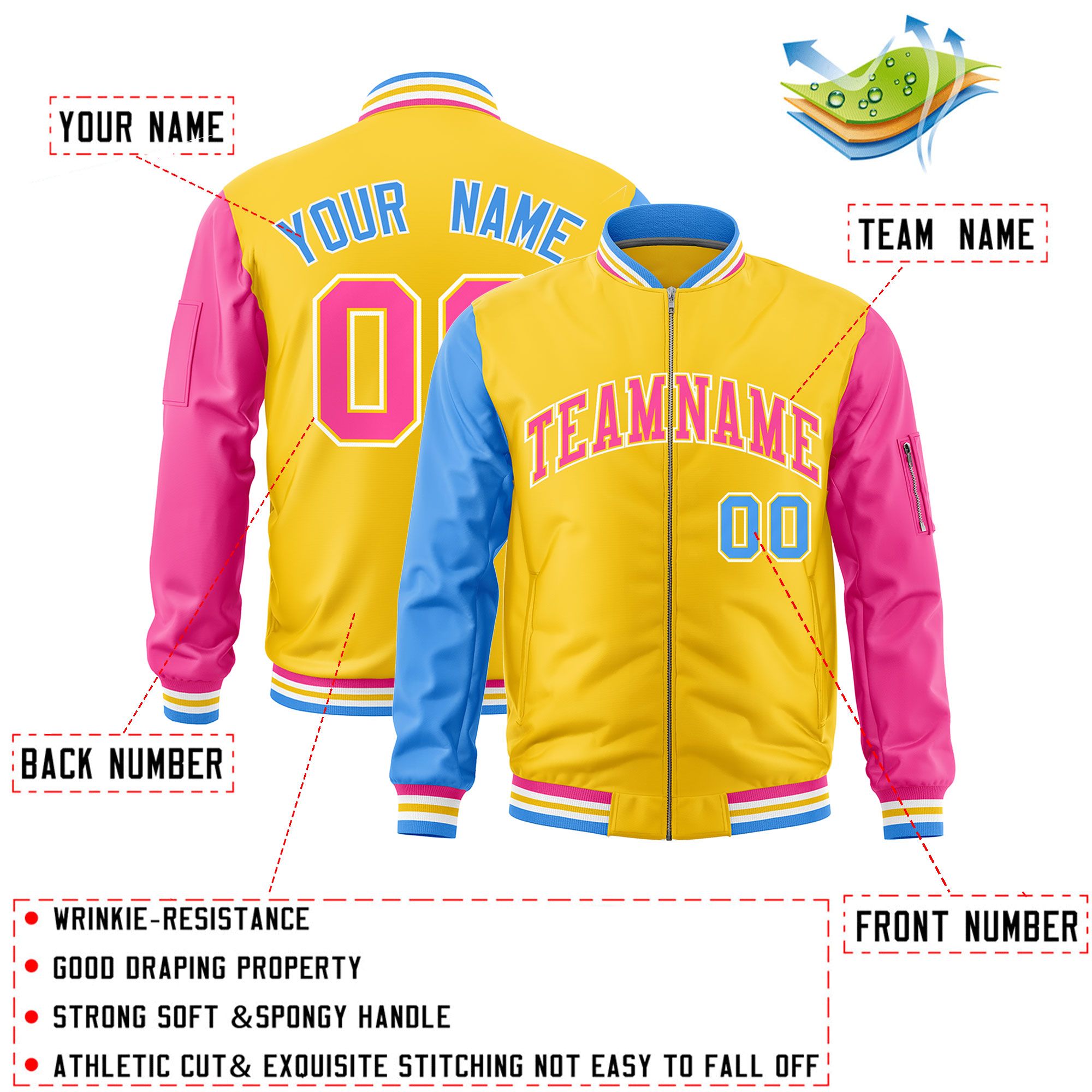 Custom Gold Powder Blue Pink Varsity Full-Zip Raglan Sleeves Letterman Bomber Jacket