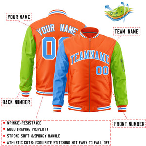 Custom Orange Powder Blue Neon Green Varsity Full-Zip Raglan Sleeves Letterman Bomber Jacket