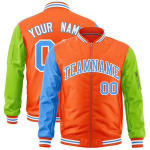 Custom Orange Powder Blue Neon Green Varsity Full-Zip Raglan Sleeves Letterman Bomber Jacket