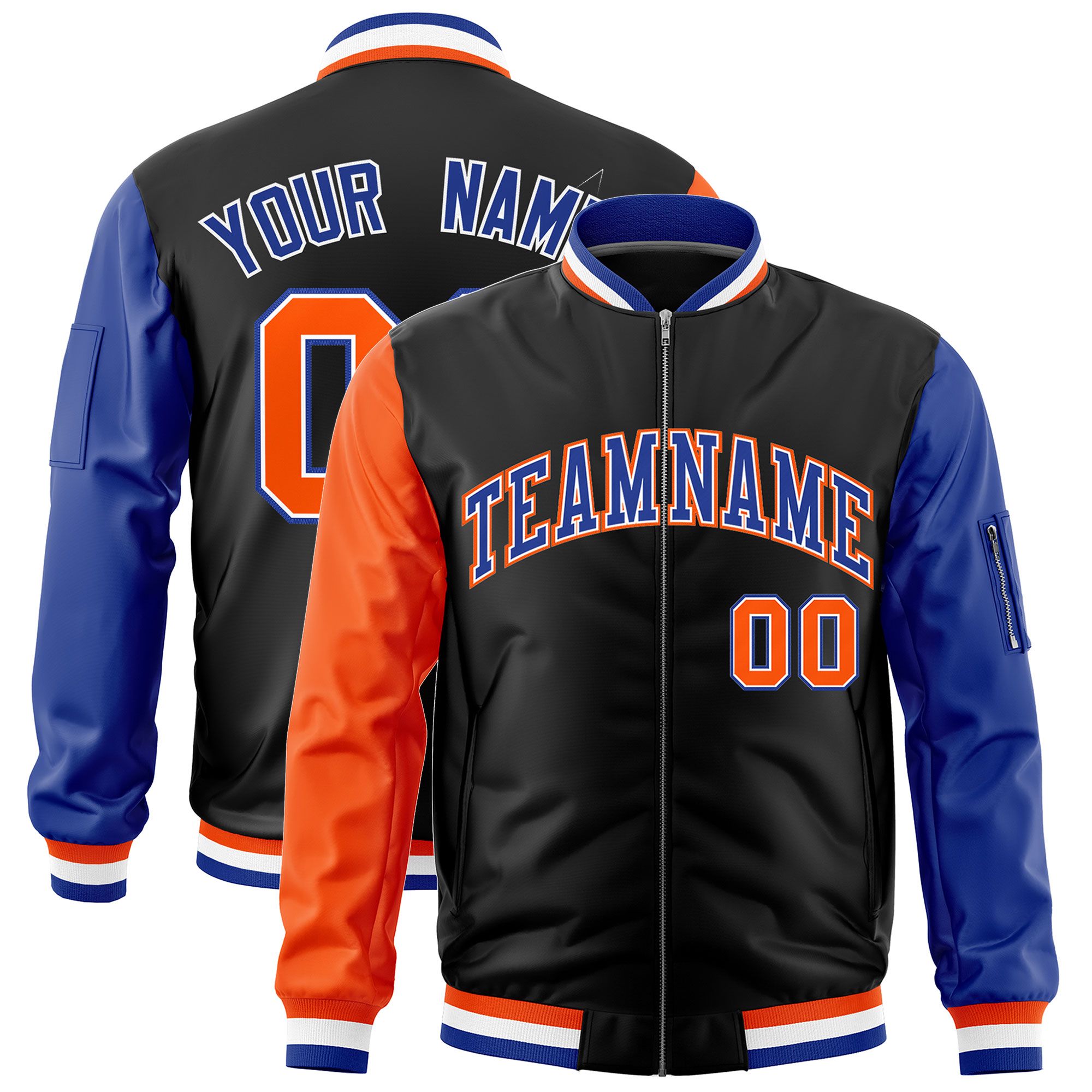 Custom Black Orange Royal Varsity Full-Zip Raglan Sleeves Letterman Bomber Jacket