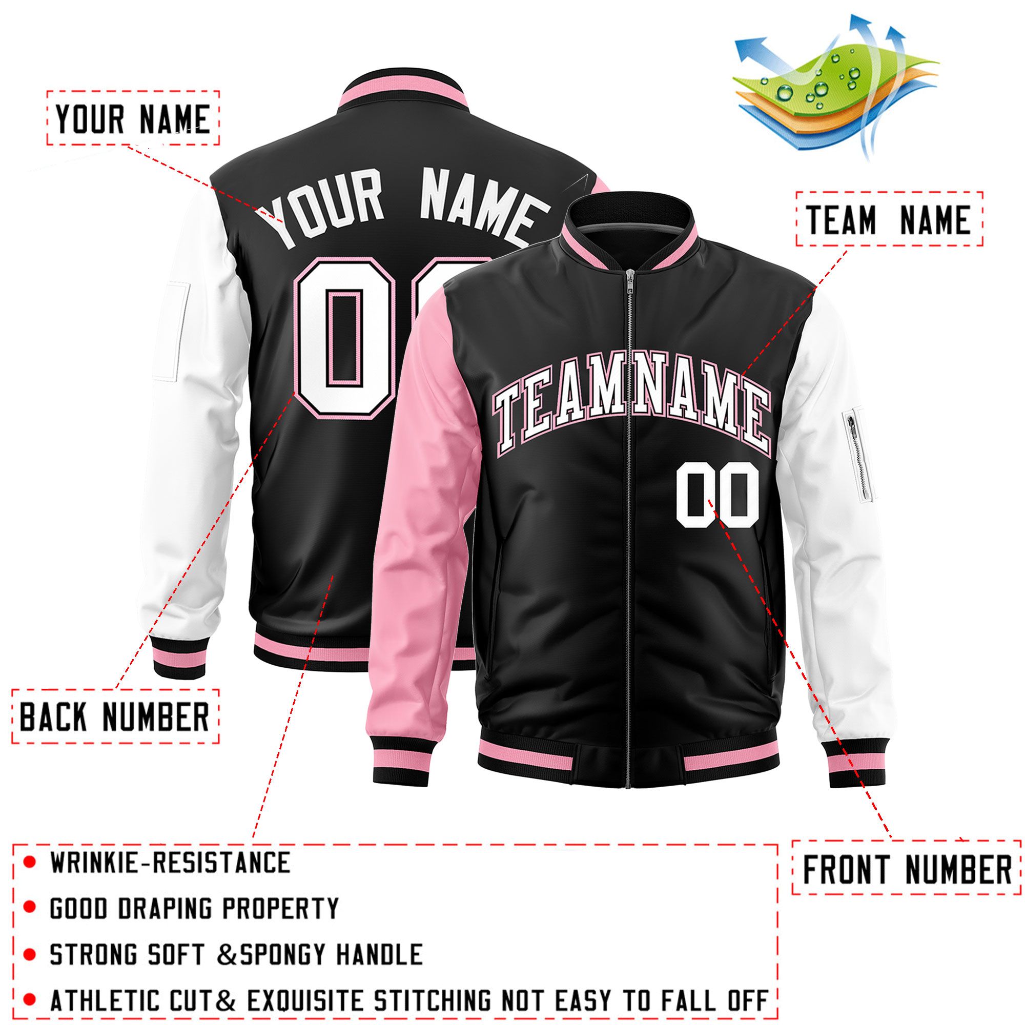 Custom Black Light Pink White Varsity Full-Zip Raglan Sleeves Letterman Bomber Jacket