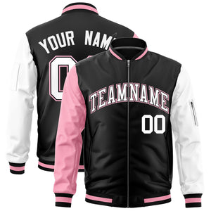 Custom Black Light Pink White Varsity Full-Zip Raglan Sleeves Letterman Bomber Jacket