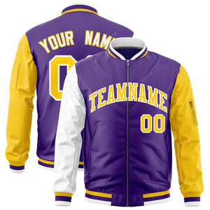 Custom Purple White Gold Varsity Full-Zip Raglan Sleeves Letterman Bomber Jacket