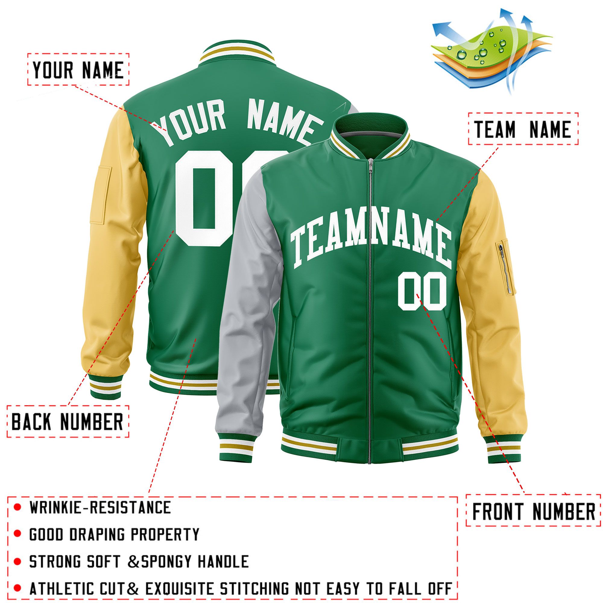 Custom Kelly Green Silver Old Gold Varsity Full-Zip Raglan Sleeves Letterman Bomber Jacket