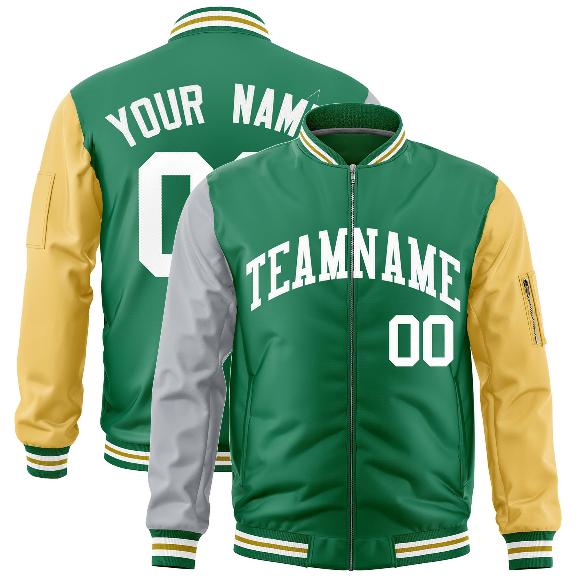 Custom Kelly Green Silver Old Gold Varsity Full-Zip Raglan Sleeves Letterman Bomber Jacket