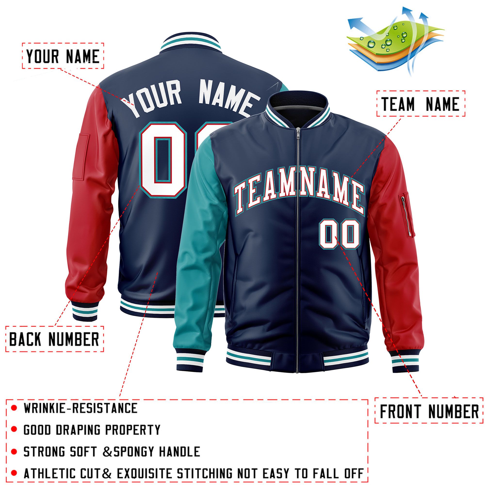 Custom Navy Aqua Red Varsity Full-Zip Raglan Sleeves Letterman Bomber Jacket