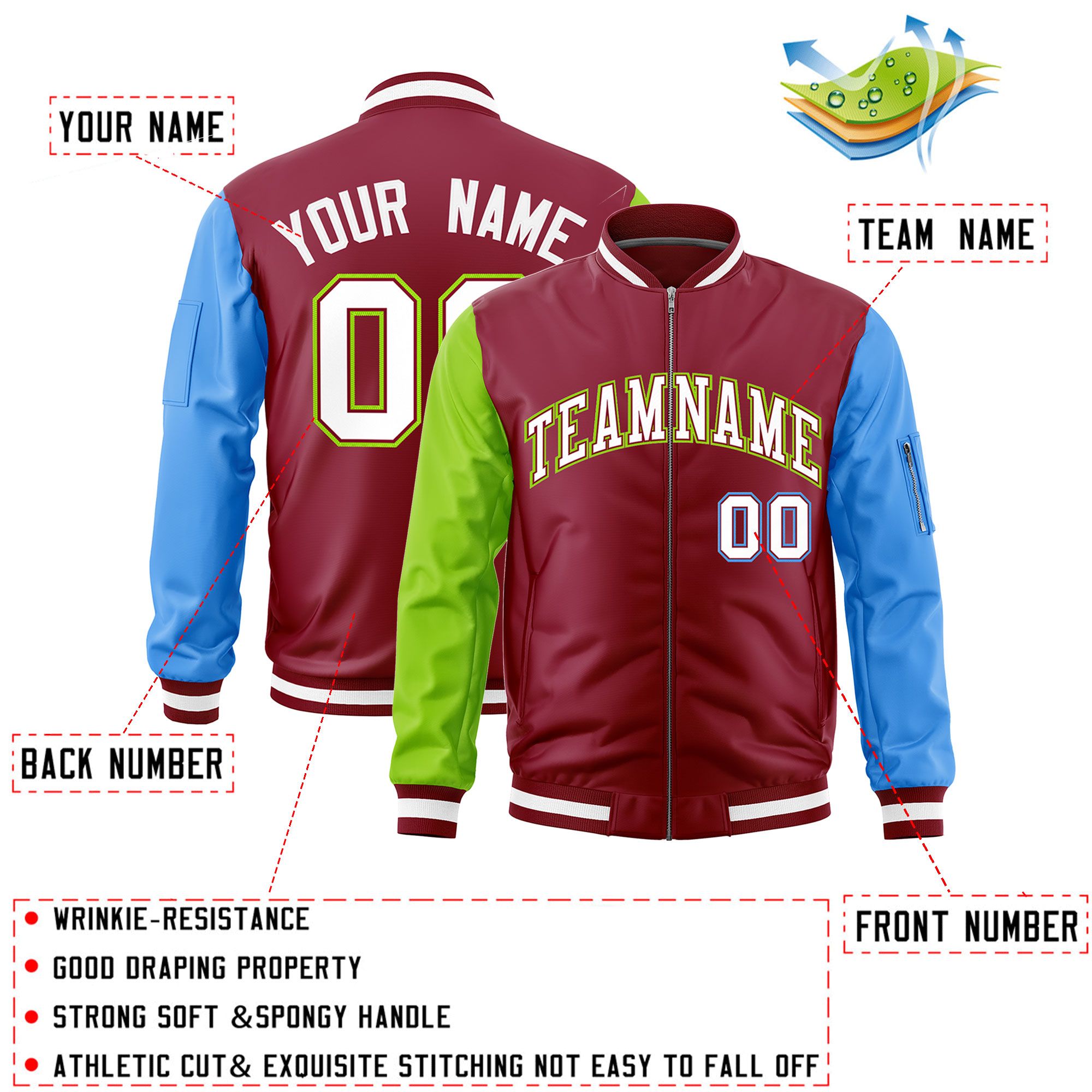 Custom Crimson Neon Green Powder Blue Varsity Full-Zip Raglan Sleeves Letterman Bomber Jacket