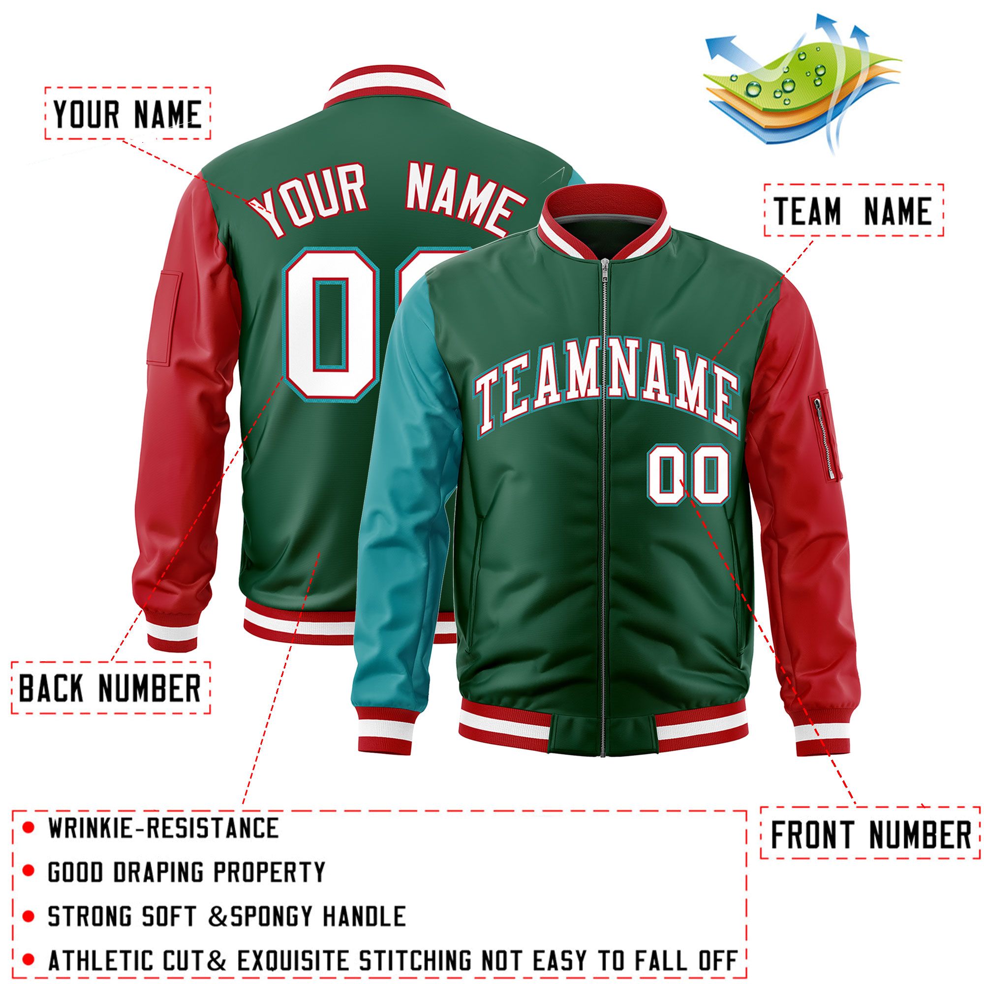 Custom Green Aqua Red Varsity Full-Zip Raglan Sleeves Letterman Bomber Jacket