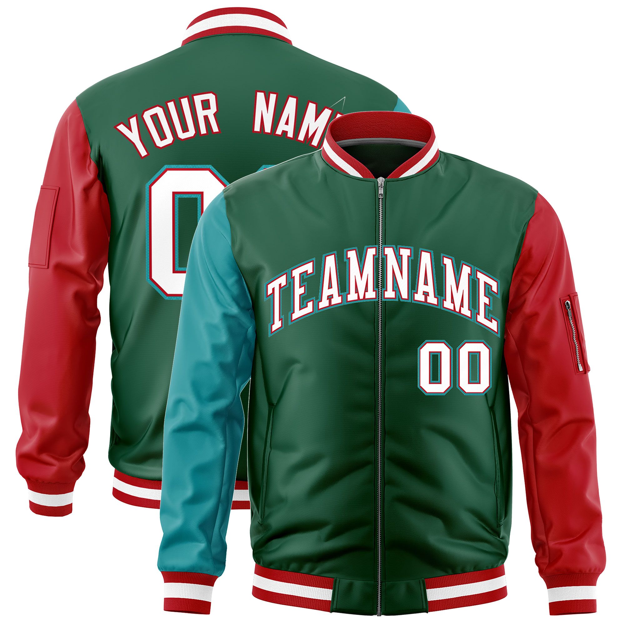 Custom Green Aqua Red Varsity Full-Zip Raglan Sleeves Letterman Bomber Jacket