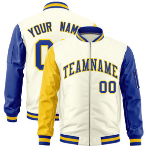 Custom Cream Gold Royal Varsity Full-Zip Raglan Sleeves Letterman Bomber Jacket