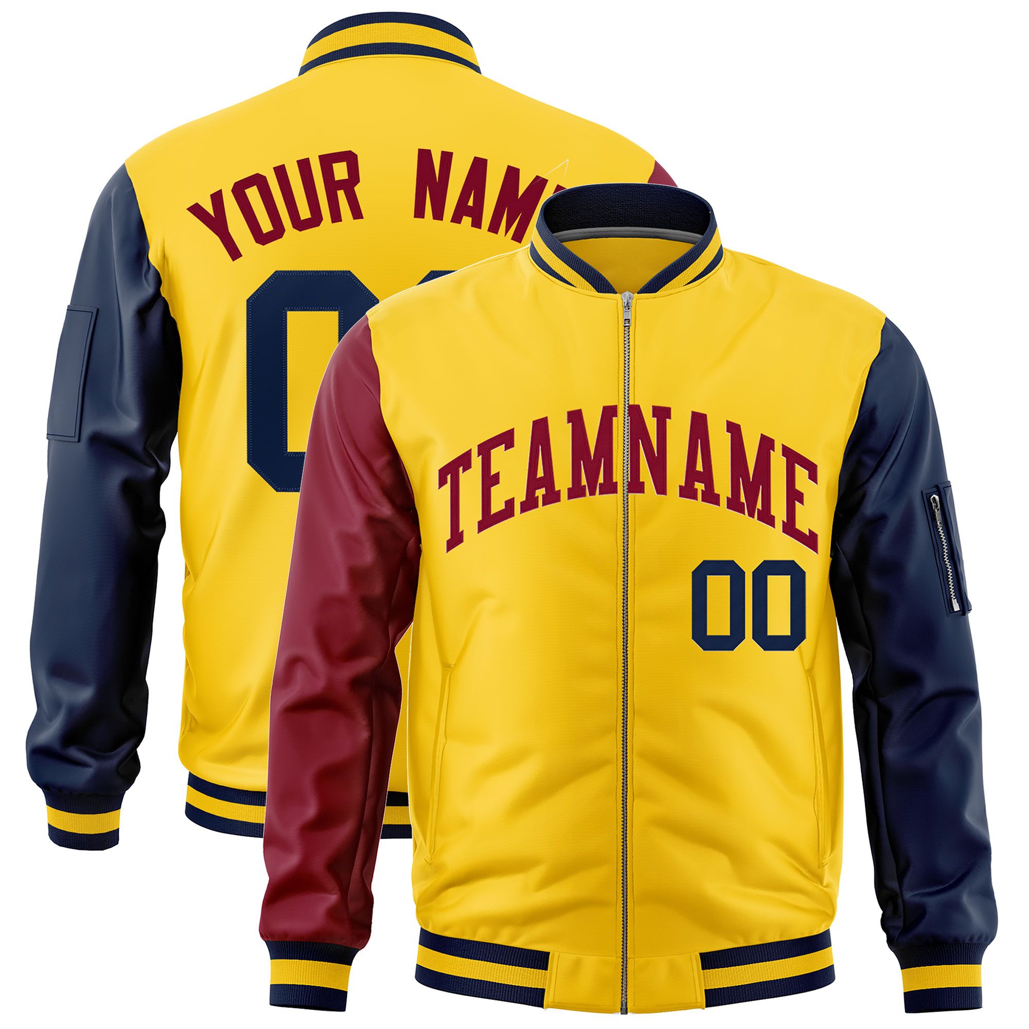 Custom Gold Crimson Navy Varsity Full-Zip Raglan Sleeves Letterman Bomber Jacket