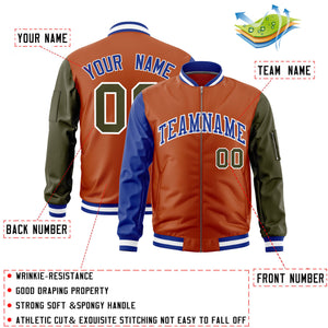 Custom Texas Orange Royal Olive Varsity Full-Zip Raglan Sleeves Letterman Bomber Jacket