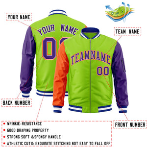 Custom Neon Green Orange Purple Varsity Full-Zip Raglan Sleeves Letterman Bomber Jacket