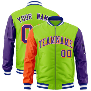 Custom Neon Green Orange Purple Varsity Full-Zip Raglan Sleeves Letterman Bomber Jacket