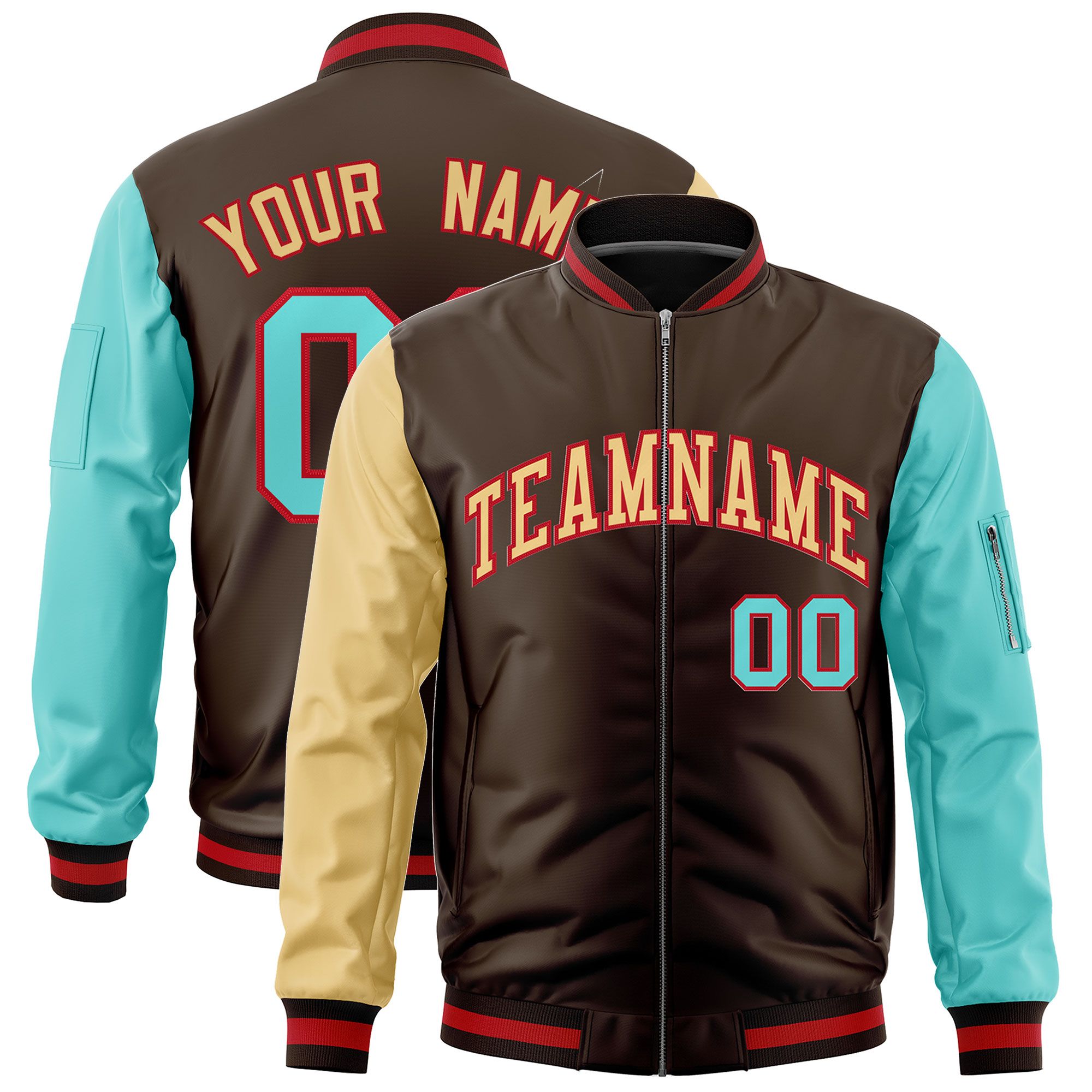 Custom Brown Old Gold Bright Green Varsity Full-Zip Raglan Sleeves Letterman Bomber Jacket