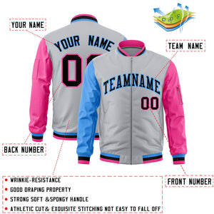 Custom Silver Powder Blue Pink Varsity Full-Zip Raglan Sleeves Letterman Bomber Jacket