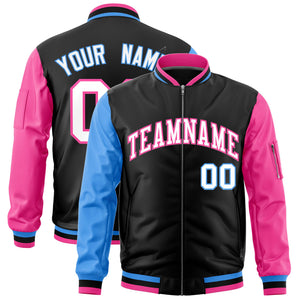 Custom Black Powder Blue Pink Varsity Full-Zip Raglan Sleeves Letterman Bomber Jacket