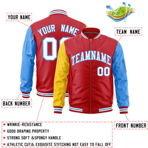 Custom Red Gold Powder Blue Varsity Full-Zip Raglan Sleeves Letterman Bomber Jacket