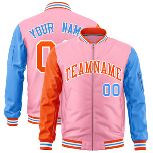 Custom Bright Green Orange Powder Blue Varsity Full-Zip Raglan Sleeves Letterman Bomber Jacket