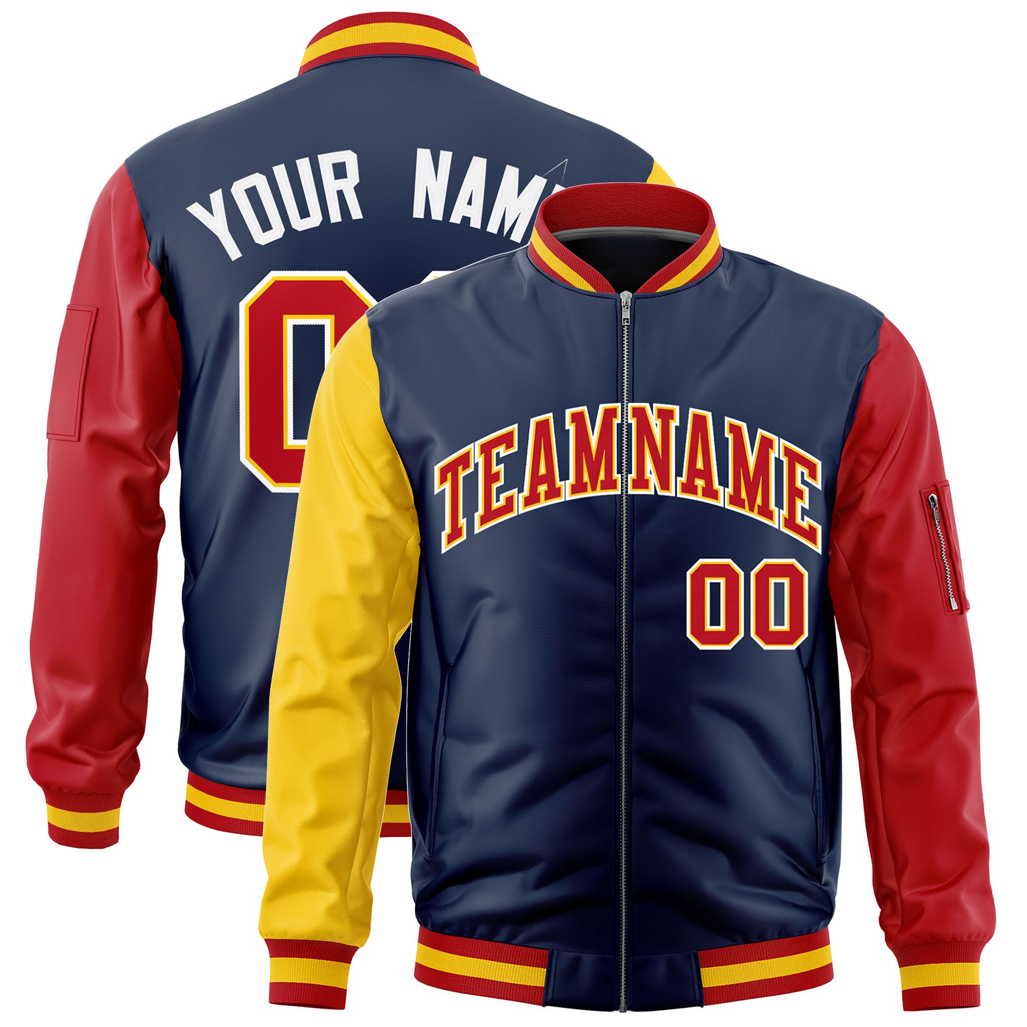 Custom Navy Gold Red Varsity Full-Zip Raglan Sleeves Letterman Bomber Jacket