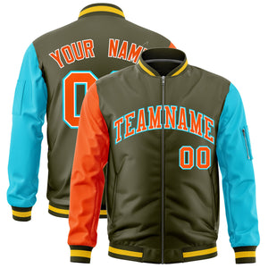 Custom Olive Orange Sky Blue Varsity Full-Zip Raglan Sleeves Letterman Bomber Jacket