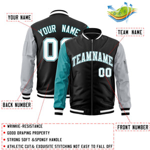 Custom Black Aqua Silver Varsity Full-Zip Raglan Sleeves Letterman Bomber Jacket