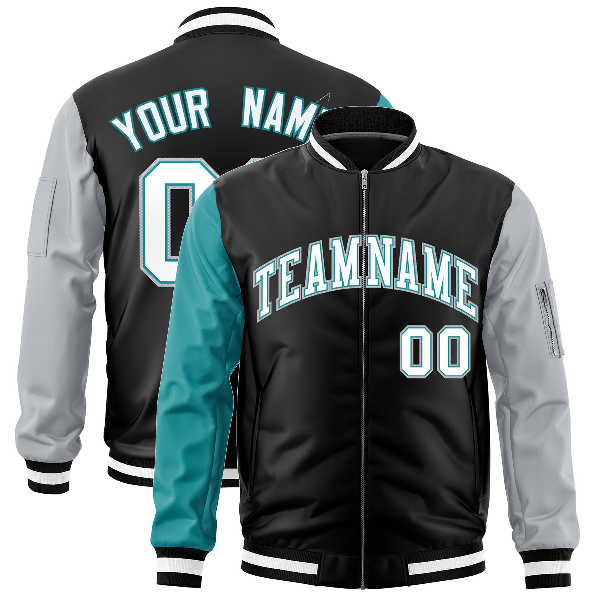 Custom Black Aqua Silver Varsity Full-Zip Raglan Sleeves Letterman Bomber Jacket