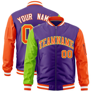 Custom Purple Neon Green Orange Varsity Full-Zip Raglan Sleeves Letterman Bomber Jacket