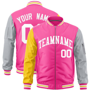 Custom Pink Gold Silver Varsity Full-Zip Raglan Sleeves Letterman Bomber Jacket