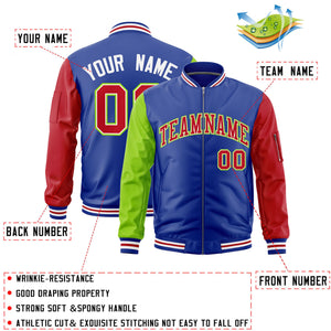 Custom Royal Neon Green Red Varsity Full-Zip Raglan Sleeves Letterman Bomber Jacket