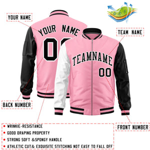 Custom Light Pink White Black Varsity Full-Zip Raglan Sleeves Letterman Bomber Jacket