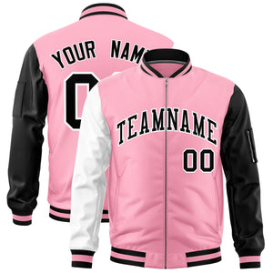 Custom Light Pink White Black Varsity Full-Zip Raglan Sleeves Letterman Bomber Jacket