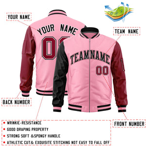 Custom Light Pink Black Crimson Varsity Full-Zip Raglan Sleeves Letterman Bomber Jacket