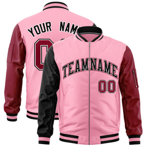 Custom Light Pink Black Crimson Varsity Full-Zip Raglan Sleeves Letterman Bomber Jacket