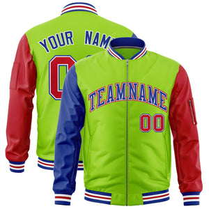 Custom Neon Green Royal Red Varsity Full-Zip Raglan Sleeves Letterman Bomber Jacket