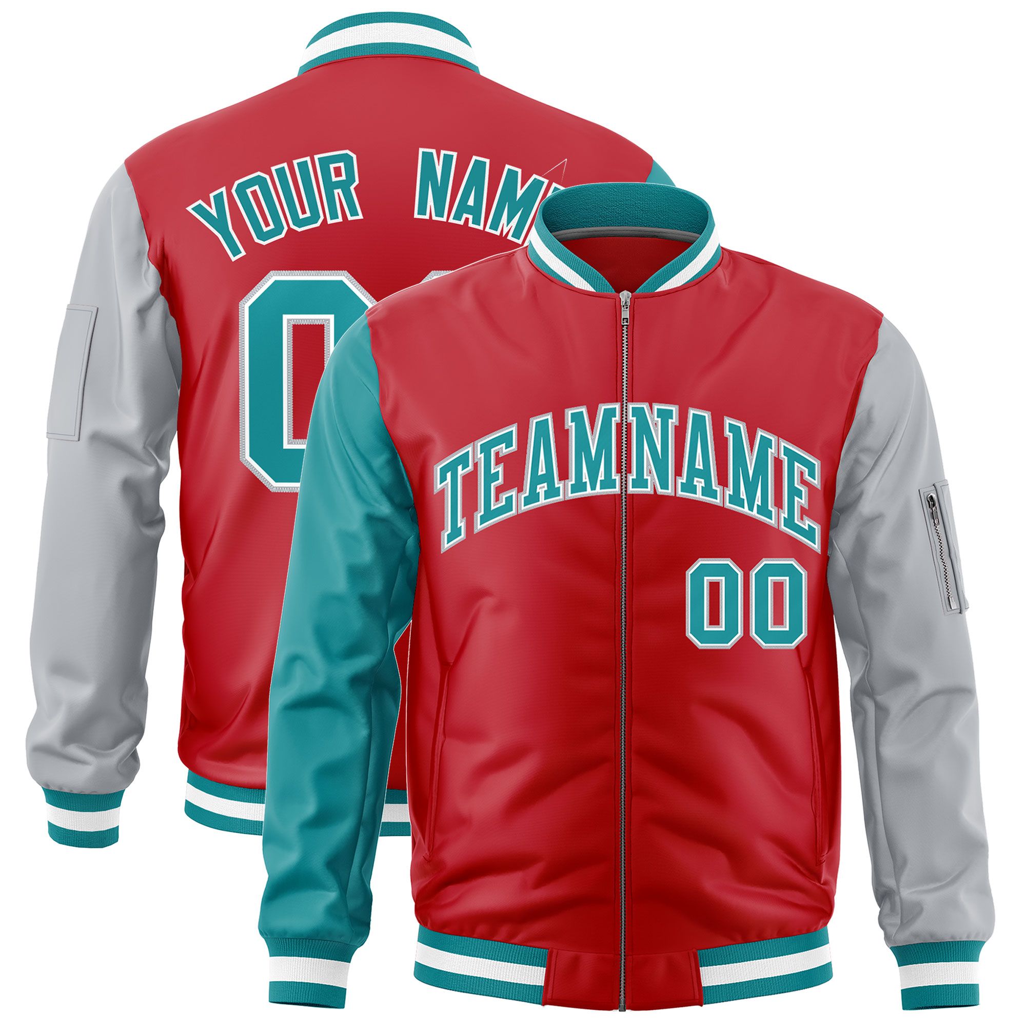 Custom Red Aqua Silver Varsity Full-Zip Raglan Sleeves Letterman Bomber Jacket