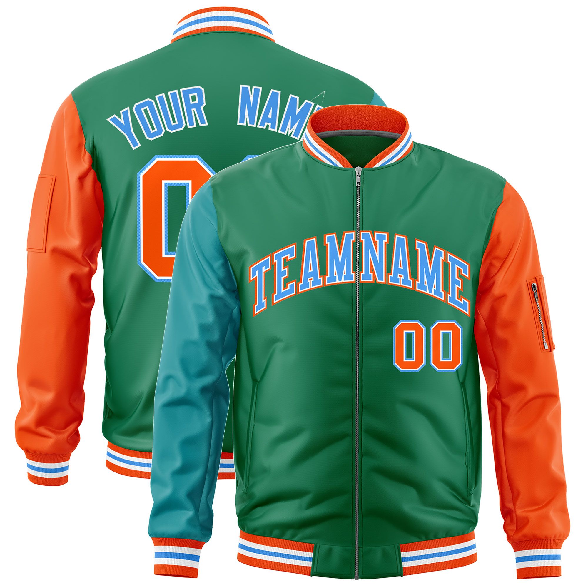 Custom Kelly Green Aqua Orange Varsity Full-Zip Raglan Sleeves Letterman Bomber Jacket