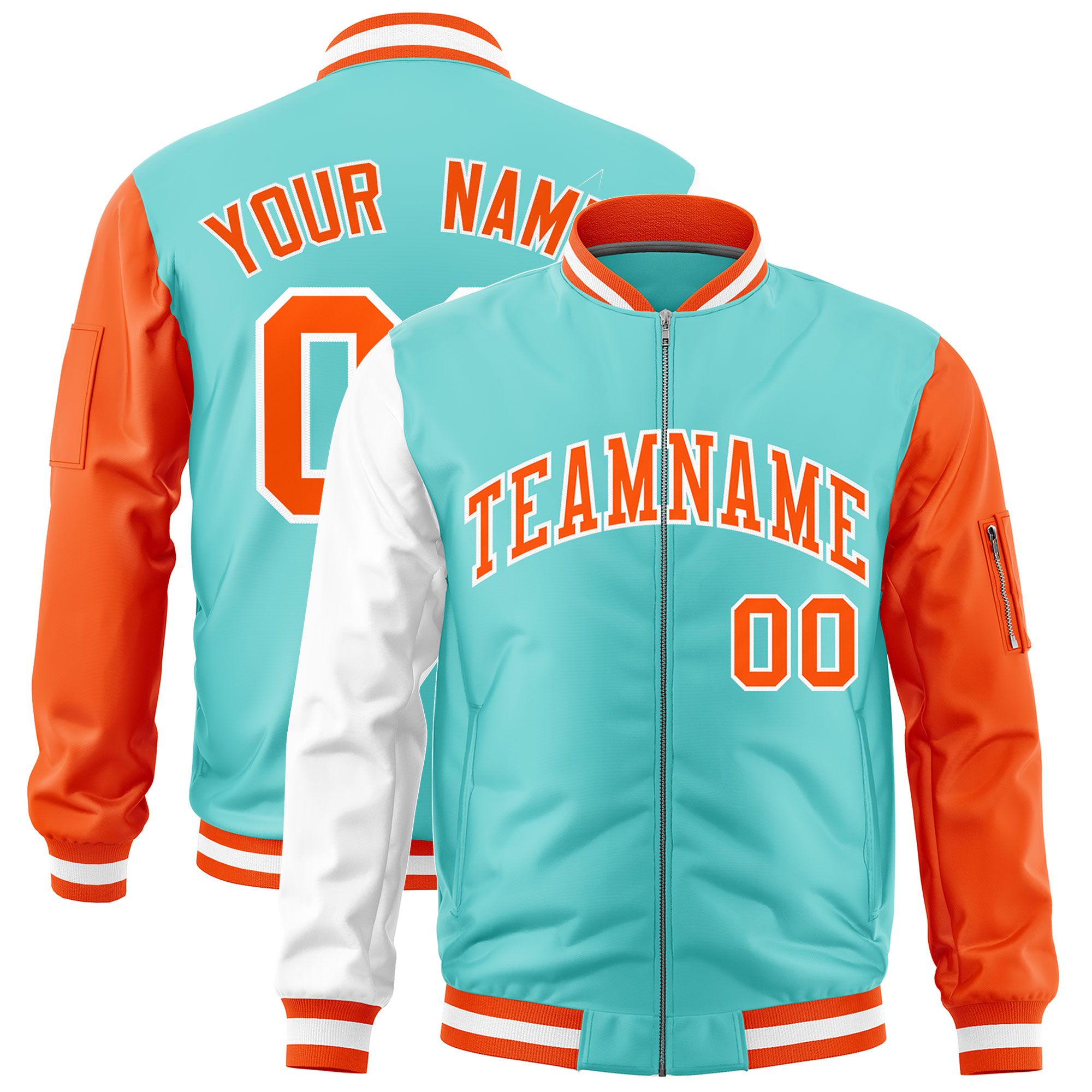 Custom Bright Green White Orange Varsity Full-Zip Raglan Sleeves Letterman Bomber Jacket