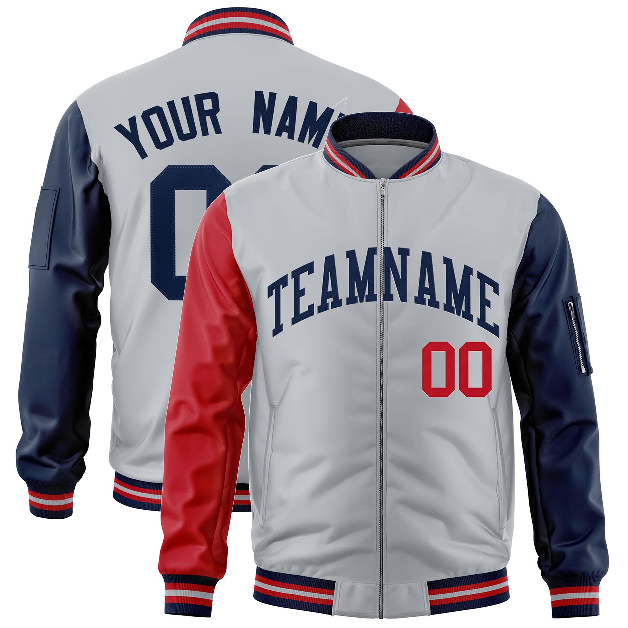 Custom Silver Red Navy Varsity Full-Zip Raglan Sleeves Letterman Bomber Jacket